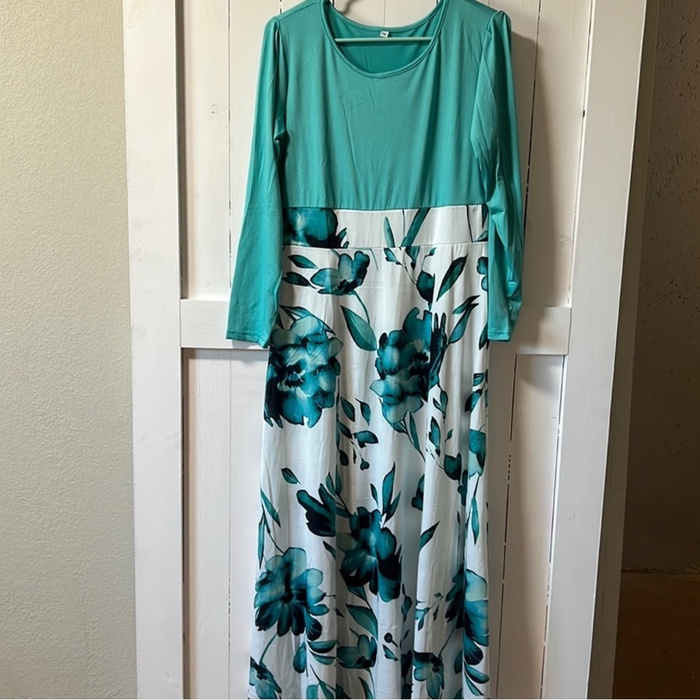 Teal Long Sleeve Crew Neck Casual Dress